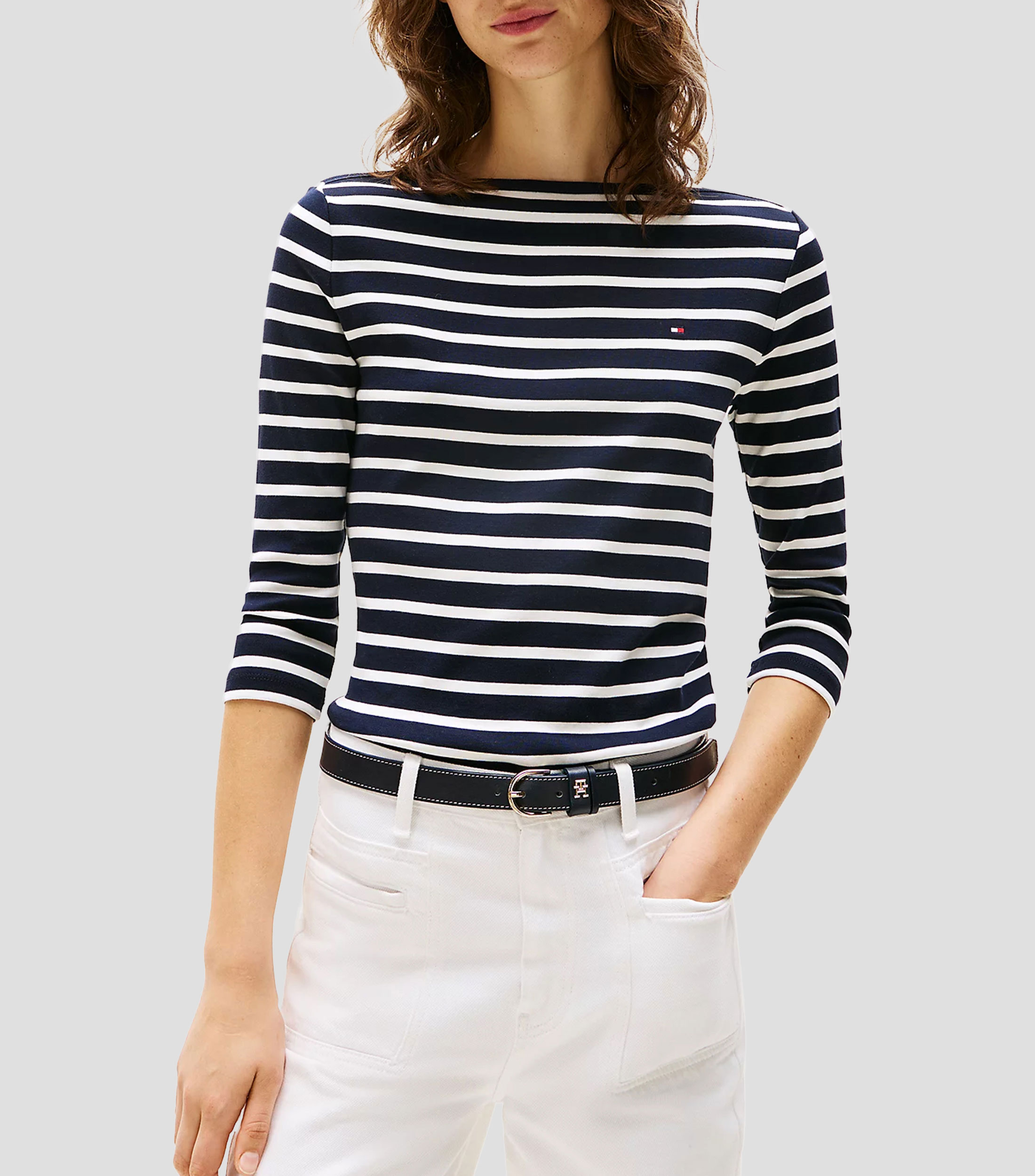 Playera cuello barco manga 3/4 con rayas Mujer